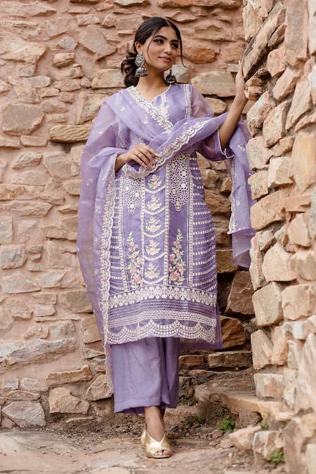 Gulabo Jaipur Purple Chanderi, Cotton Embroidery Split Charul Floral Work Kurta Pant Set Online at Aza Fashions Gulabo Jaipur_Purple Chanderi, Cotton Embroidery Split Charul Floral Work Kurta Pant Set _Online_at_Aza_Fashions