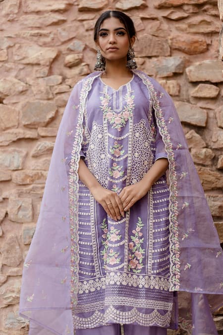 Buy Gulabo Jaipur Purple Chanderi, Cotton Embroidery Split Charul Floral Work Kurta Pant Set Online at Aza Fashions Buy_Gulabo Jaipur_Purple Chanderi, Cotton Embroidery Split Charul Floral Work Kurta Pant Set _Online_at_Aza_Fashions