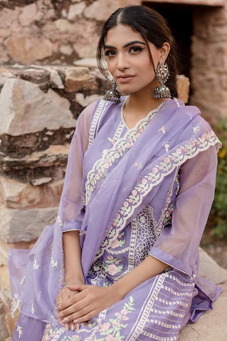 Shop Gulabo Jaipur Purple Chanderi, Cotton Embroidery Split Charul Floral Work Kurta Pant Set Online at Aza Fashions Shop_Gulabo Jaipur_Purple Chanderi, Cotton Embroidery Split Charul Floral Work Kurta Pant Set _Online_at_Aza_Fashions