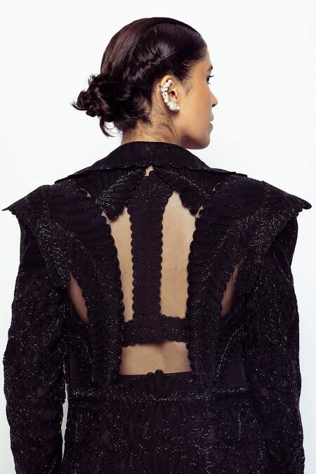 Shop_Pankaj & Nidhi_Black Tulle, Organza, Beads, Embellished Long Jacket Dhoti Pant Set _Online_at_Aza_Fashions