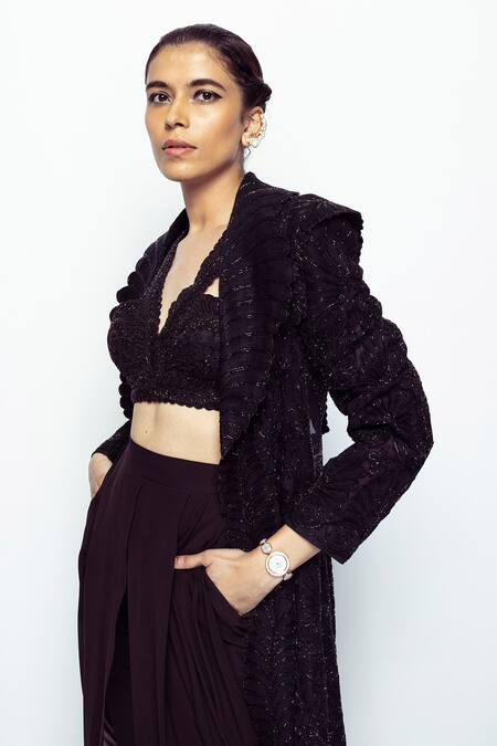 Pankaj & Nidhi_Black Tulle, Organza, Beads, Embellished Long Jacket Dhoti Pant Set _at_Aza_Fashions