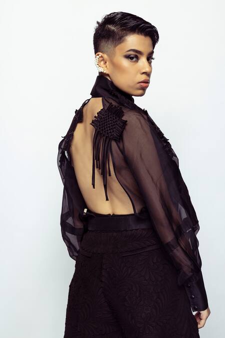 Shop_Pankaj & Nidhi_Black Silk Organza Knight Musk Rose Fleur Applique Crop Bomber Jacket With Inner _Online_at_Aza_Fashions