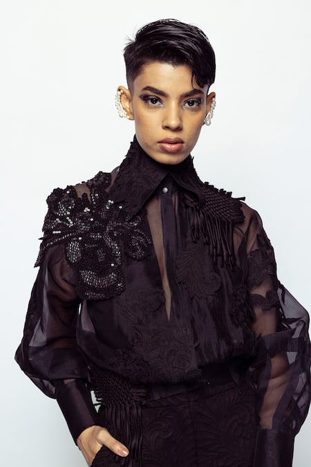 Pankaj & Nidhi Black Silk Organza Knight Fleur Crop Bomber Jacket With Inner  