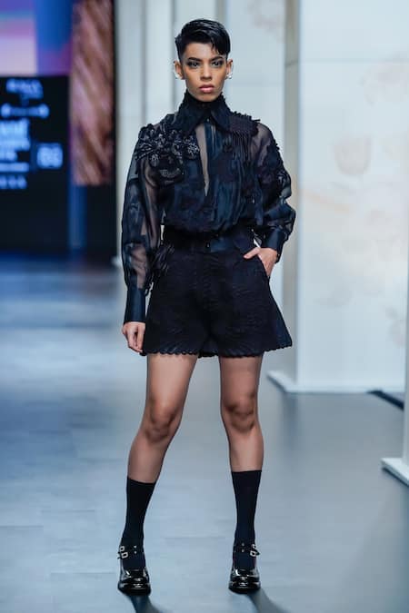 Pankaj & Nidhi_Black Silk Organza Knight Musk Rose Fleur Applique Crop Bomber Jacket With Inner _at_Aza_Fashions