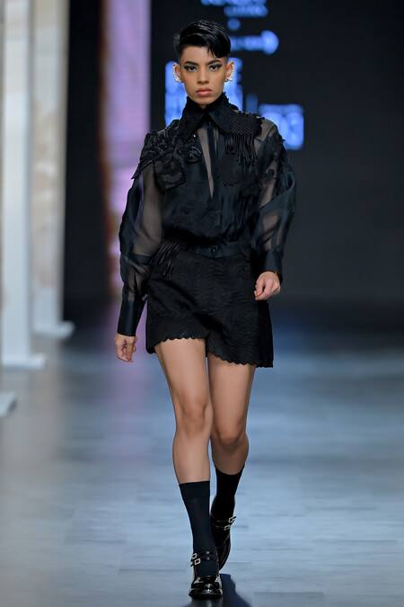 Pankaj & Nidhi_Black Silk Organza, Suede Knight Musk Rose Fleur Crop Bomber Jacket Shorts Set _at_Aza_Fashions