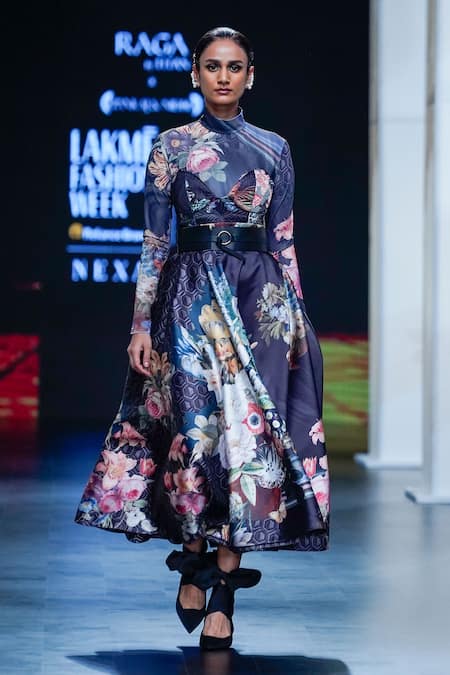 Buy_Pankaj & Nidhi_Black Jersey, Twill Embroidery Turtle Noire Flower Garden Print Top Skirt Set 