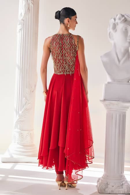 Mandira Wirk - Indian Red Net, Lycra, Georgette Sequins, Tassels, Cut High Low Anarkali Pant Set Online at Aza Fashions Mandira Wirk - Indian_Red Net, Lycra, Georgette Sequins, Tassels, Cut High Low Anarkali Pant Set _Online_at_Aza_Fashions