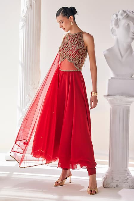 Buy Mandira Wirk - Indian Red Net, Lycra, Georgette Sequins, Tassels, Cut High Low Anarkali Pant Set Online at Aza Fashions Buy_Mandira Wirk - Indian_Red Net, Lycra, Georgette Sequins, Tassels, Cut High Low Anarkali Pant Set _Online_at_Aza_Fashions