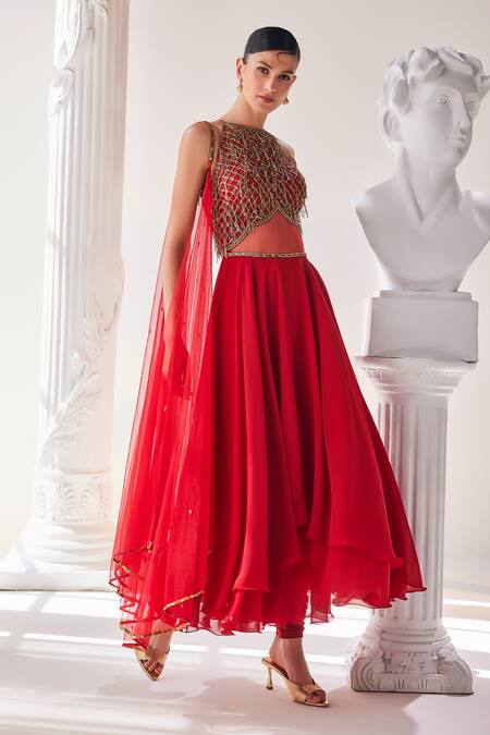 Shop Mandira Wirk - Indian Red Net, Lycra, Georgette Sequins, Tassels, Cut High Low Anarkali Pant Set Online at Aza Fashions Shop_Mandira Wirk - Indian_Red Net, Lycra, Georgette Sequins, Tassels, Cut High Low Anarkali Pant Set _Online_at_Aza_Fashions