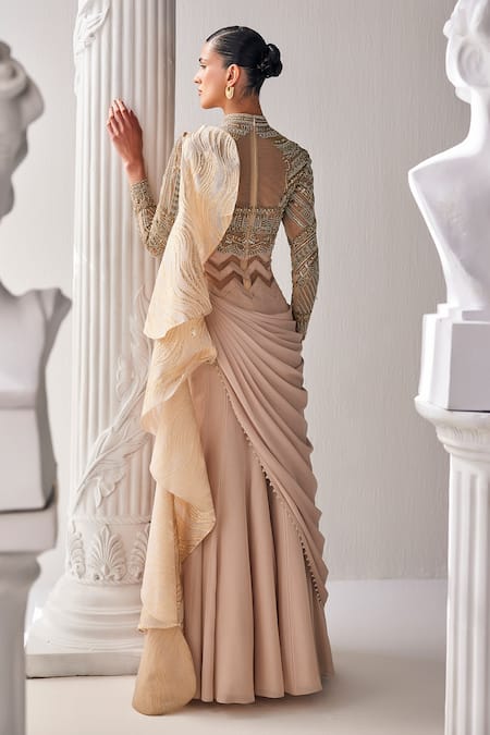 Mandira Wirk - Indian Gold Zardosi Embroidered Saree Gown 