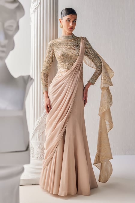 Buy_Mandira Wirk - Indian_Cream Net, Brocade, Chiffon Zari Round Neck Gold Zardosi Embroidered Saree Gown _Online_at_Aza_Fashions