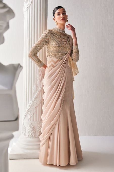 Shop_Mandira Wirk - Indian_Cream Net, Brocade, Chiffon Zari Round Neck Gold Zardosi Embroidered Saree Gown _Online_at_Aza_Fashions