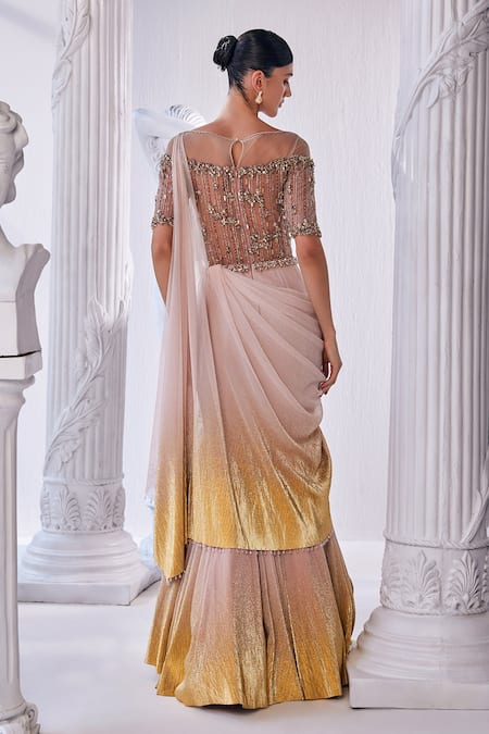 Mandira Wirk - Indian Gold & Peach Embellished Saree Gown 