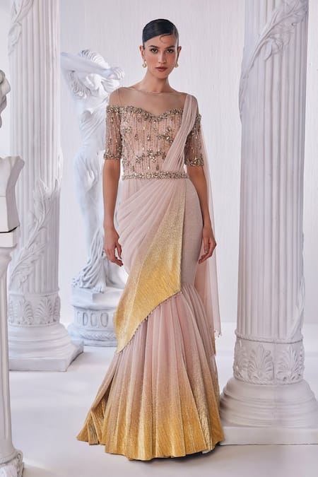 Buy Mandira Wirk - Indian Gold Net, Lycra Beads, Sequins Boat Neck And Peach Embellished Saree Gown Online at Aza Fashions Buy_Mandira Wirk - Indian_Gold Net, Lycra Beads, Sequins Boat Neck And Peach Embellished Saree Gown _Online_at_Aza_Fashions