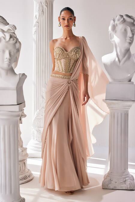 Buy_Mandira Wirk - Indian_Gold Net, Chiffon Beads, Sequins, Embellished Corset Pre-draped Saree Set _Online_at_Aza_Fashions