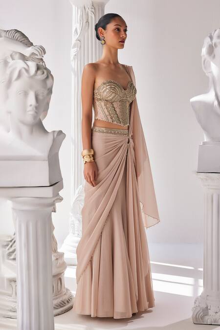 Shop_Mandira Wirk - Indian_Gold Net, Chiffon Beads, Sequins, Embellished Corset Pre-draped Saree Set _Online_at_Aza_Fashions