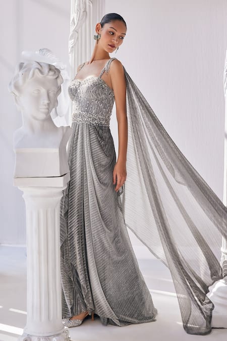 Buy_Mandira Wirk - Indian_Silver Net, Crepe Ombre Sequin And Beadwork Saree Gown _Online_at_Aza_Fashions
