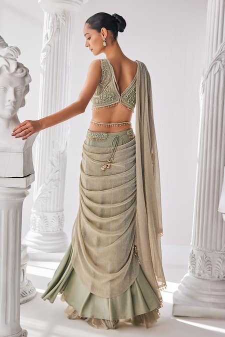 Mandira Wirk - Indian Green Net, Crepe, Lycra Embellished Sleeveless Corset Pre-draped Saree Set Online at Aza Fashions Mandira Wirk - Indian_Green Net, Crepe, Lycra Embellished Sleeveless Corset Pre-draped Saree Set _Online_at_Aza_Fashions