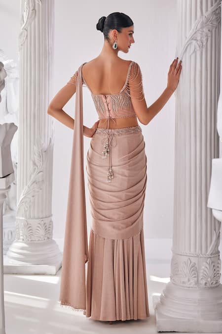 Mandira Wirk - Indian Peach Net, Lycra Beads, Tassels Sweetheart Neck Shimmer Pre-draped Saree Set Online at Aza Fashions Mandira Wirk - Indian_Peach Net, Lycra Beads, Tassels Sweetheart Neck Shimmer Pre-draped Saree Set _Online_at_Aza_Fashions