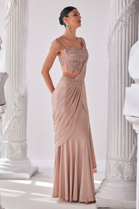 Shop Mandira Wirk - Indian Peach Net, Lycra Beads, Tassels Sweetheart Neck Shimmer Pre-draped Saree Set Online at Aza Fashions Shop_Mandira Wirk - Indian_Peach Net, Lycra Beads, Tassels Sweetheart Neck Shimmer Pre-draped Saree Set _Online_at_Aza_Fashions
