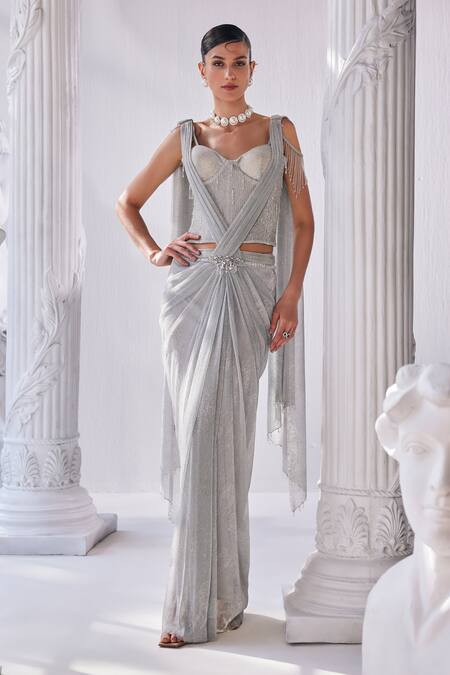 Mandira Wirk Silver Net Embroidered Bead Sweetheart Crinkled Pre-draped Saree Set