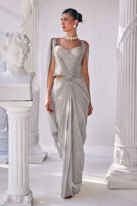 Buy_Mandira Wirk - Indian_Silver Net, Cotton Satin, Crepe Beads, Tassels Crinkled Pre-draped Saree Set _Online_at_Aza_Fashions