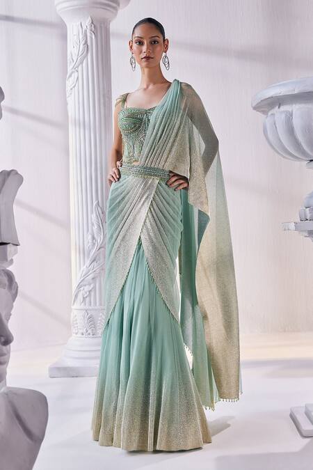 Buy_Mandira Wirk - Indian_Green Net, Silk, Lycra Sequins, Beads, Cut Embroidered Layered Lehenga Saree Set _Online_at_Aza_Fashions