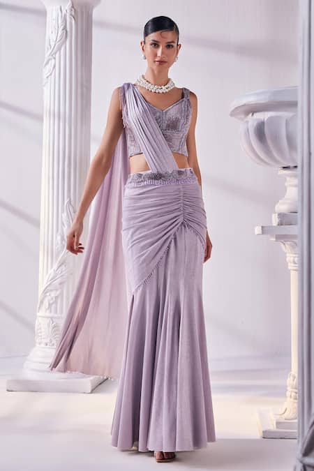 Buy Mandira Wirk - Indian Purple Net, Lycra Embroidery, Cut Work, Corset Shimmer Pre-draped Saree Set Online at Aza Fashions Buy_Mandira Wirk - Indian_Purple Net, Lycra Embroidery, Cut Work, Corset Shimmer Pre-draped Saree Set _Online_at_Aza_Fashions