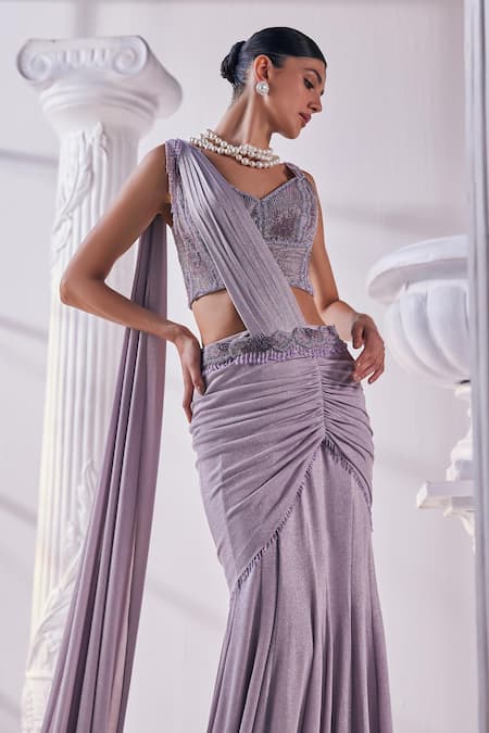 Shop Mandira Wirk - Indian Purple Net, Lycra Embroidery, Cut Work, Corset Shimmer Pre-draped Saree Set Online at Aza Fashions Shop_Mandira Wirk - Indian_Purple Net, Lycra Embroidery, Cut Work, Corset Shimmer Pre-draped Saree Set _Online_at_Aza_Fashions