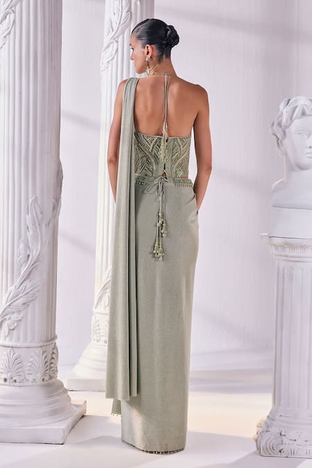 Mandira Wirk - Indian_Green Net, Lycra Tassels, Beads, Cut Cutdana And Corset Pre-draped Saree Set _Online_at_Aza_Fashions