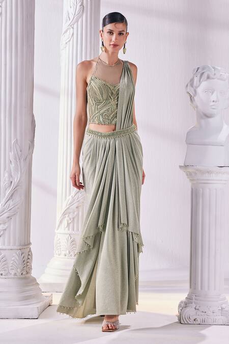 Buy_Mandira Wirk - Indian_Green Net, Lycra Tassels, Beads, Cut Cutdana And Corset Pre-draped Saree Set _Online_at_Aza_Fashions