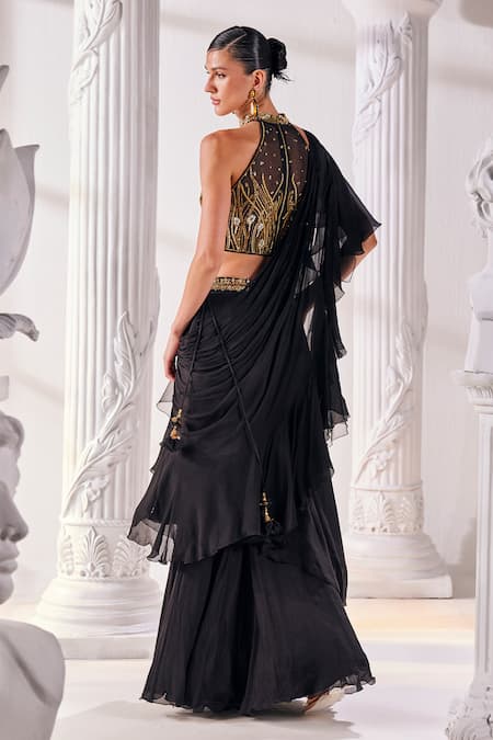 Mandira Wirk - Indian Black Chiffon, Net, Organza Embroidered Corset Pre-draped Ruffled Saree Set Online at Aza Fashions Mandira Wirk - Indian_Black Chiffon, Net, Organza Embroidered Corset Pre-draped Ruffled Saree Set _Online_at_Aza_Fashions