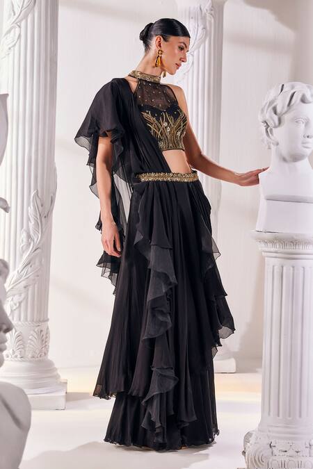 Buy Mandira Wirk - Indian Black Chiffon, Net, Organza Embroidered Corset Pre-draped Ruffled Saree Set Online at Aza Fashions Buy_Mandira Wirk - Indian_Black Chiffon, Net, Organza Embroidered Corset Pre-draped Ruffled Saree Set _Online_at_Aza_Fashions