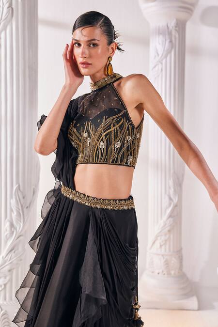 Shop Mandira Wirk - Indian Black Chiffon, Net, Organza Embroidered Corset Pre-draped Ruffled Saree Set Online at Aza Fashions Shop_Mandira Wirk - Indian_Black Chiffon, Net, Organza Embroidered Corset Pre-draped Ruffled Saree Set _Online_at_Aza_Fashions
