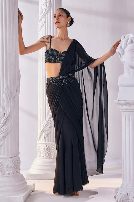 Buy Mandira Wirk - Indian Black Net, Georgette Cut Cutdana And Embellished Corset Pre-draped Saree Set Online at Aza Fashions Buy_Mandira Wirk - Indian_Black Net, Georgette Cut Cutdana And Embellished Corset Pre-draped Saree Set _Online_at_Aza_Fashions