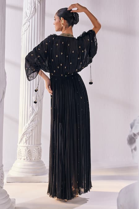 Mandira Wirk - Indian_Black Chiffon, Polyester Cut Work, Beads Embroidered Kaftan Dress With Slip _Online_at_Aza_Fashions