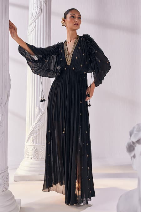 Buy_Mandira Wirk - Indian_Black Chiffon, Polyester Cut Work, Beads Embroidered Kaftan Dress With Slip _Online_at_Aza_Fashions