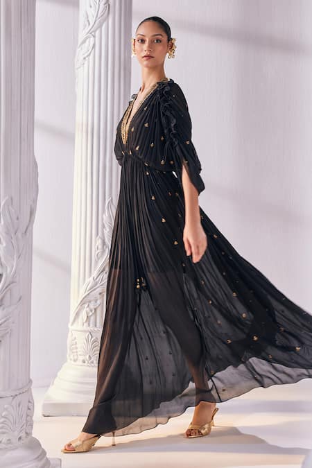 Shop_Mandira Wirk - Indian_Black Chiffon, Polyester Cut Work, Beads Embroidered Kaftan Dress With Slip _Online_at_Aza_Fashions