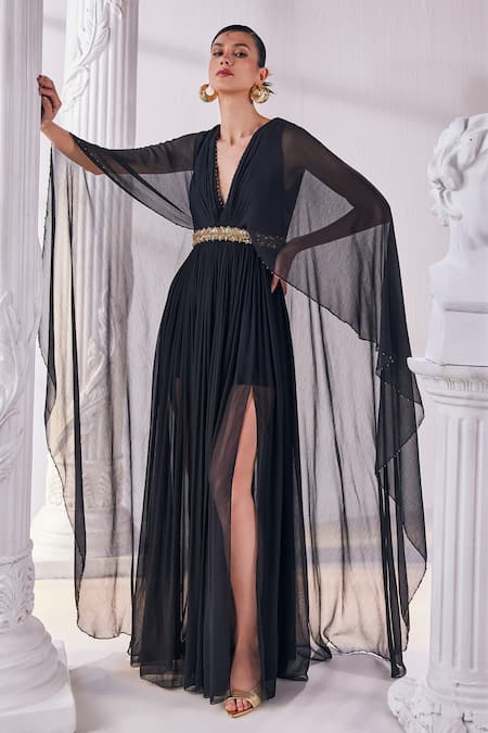 Women Solid Black Off-Shoulder Neck Crepe Thigh-High Slit Flared A-Line  Maxi Dress - Berrylush