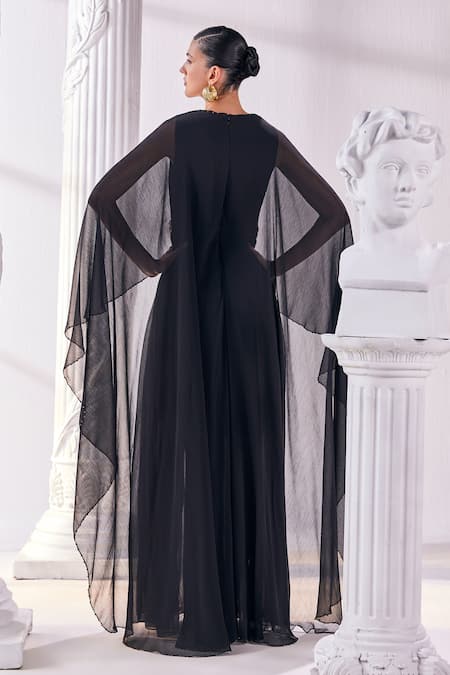 Mandira Wirk - Indian Black Chiffon, Polyester Cut Work, Sequins, Embroidered High Slit Kaftan Dress Online at Aza Fashions Mandira Wirk - Indian_Black Chiffon, Polyester Cut Work, Sequins, Embroidered High Slit Kaftan Dress _Online_at_Aza_Fashions
