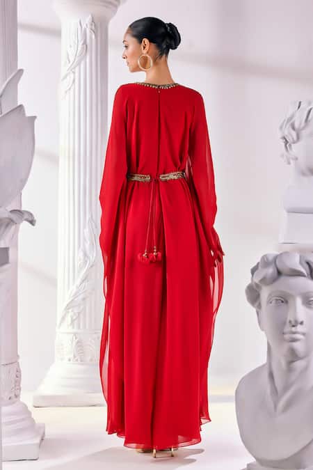 Mandira Wirk - Indian_Red Georgette Cut Work, Sequins, Beads V-neck Layered Embroidered Kaftan Dress _Online_at_Aza_Fashions