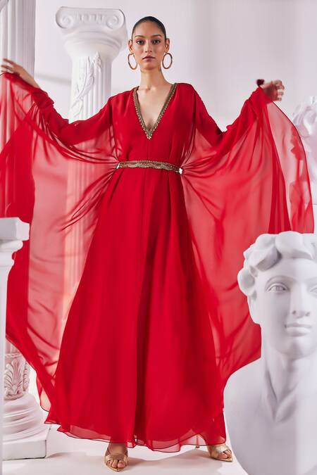 Buy_Mandira Wirk - Indian_Red Georgette Cut Work, Sequins, Beads V-neck Layered Embroidered Kaftan Dress _Online_at_Aza_Fashions