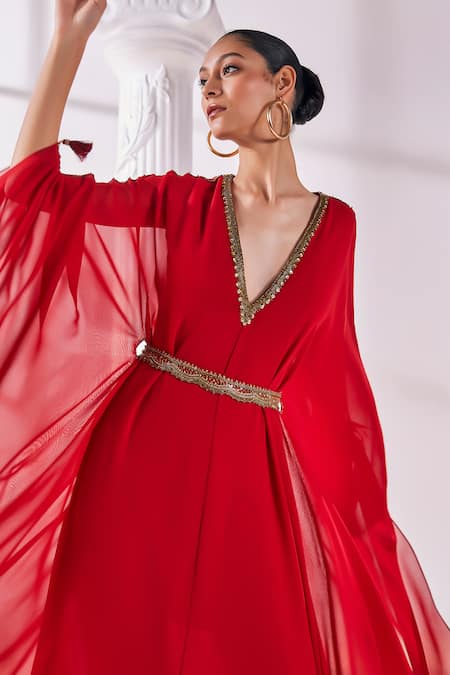 Shop_Mandira Wirk - Indian_Red Georgette Cut Work, Sequins, Beads V-neck Layered Embroidered Kaftan Dress _Online_at_Aza_Fashions