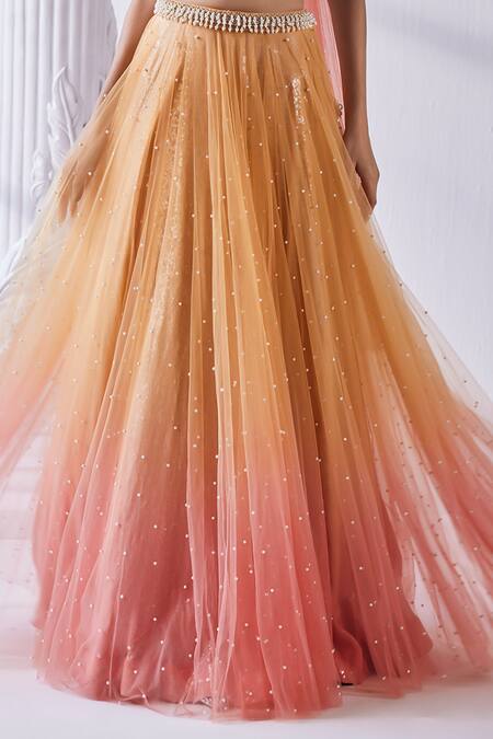 Buy Mandira Wirk - Indian Peach Satin, Georgette, Net Pearls Sweetheart Ombre Embellished Lehenga Set Online at Aza Fashions Buy_Mandira Wirk - Indian_Peach Satin, Georgette, Net Pearls Sweetheart Ombre Embellished Lehenga Set _Online_at_Aza_Fashions