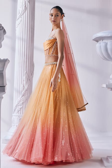 Shop Mandira Wirk - Indian Peach Satin, Georgette, Net Pearls Sweetheart Ombre Embellished Lehenga Set Online at Aza Fashions Shop_Mandira Wirk - Indian_Peach Satin, Georgette, Net Pearls Sweetheart Ombre Embellished Lehenga Set _Online_at_Aza_Fashions