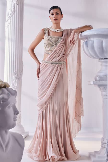 Buy_Mandira Wirk - Indian_Peach Organza, Net, Chiffon Beads Square Neck Embellished Pre-draped Saree Set _Online_at_Aza_Fashions