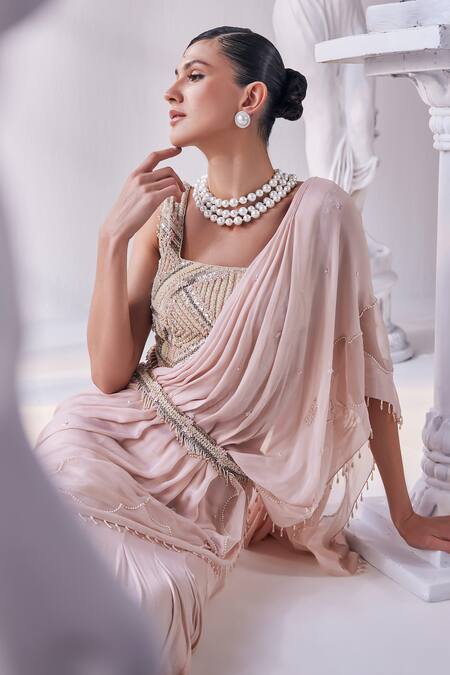 Shop_Mandira Wirk - Indian_Peach Organza, Net, Chiffon Beads Square Neck Embellished Pre-draped Saree Set _Online_at_Aza_Fashions