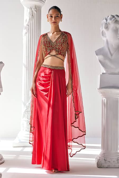 Mandira Wirk Red Royal Satin Embroidered Tassels V Neck Draped Skirt Set