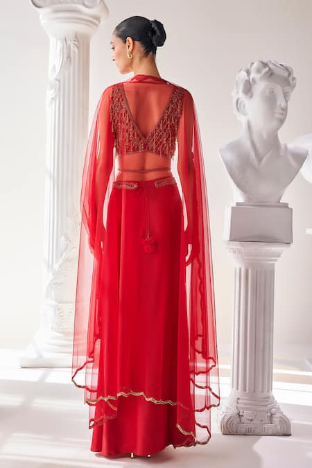 Mandira Wirk - Indian Tassel Embroidered Draped Skirt Set 