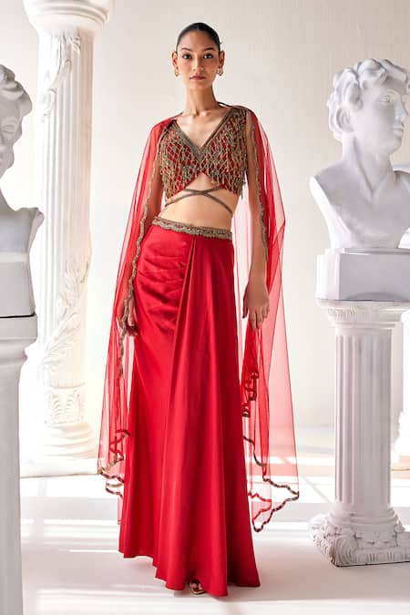 Buy Mandira Wirk - Indian Red Satin, Net Beads, Tassels, Embroidery V-neck Draped Skirt Set Online at Aza Fashions Buy_Mandira Wirk - Indian_Red Satin, Net Beads, Tassels, Embroidery V-neck Draped Skirt Set _Online_at_Aza_Fashions